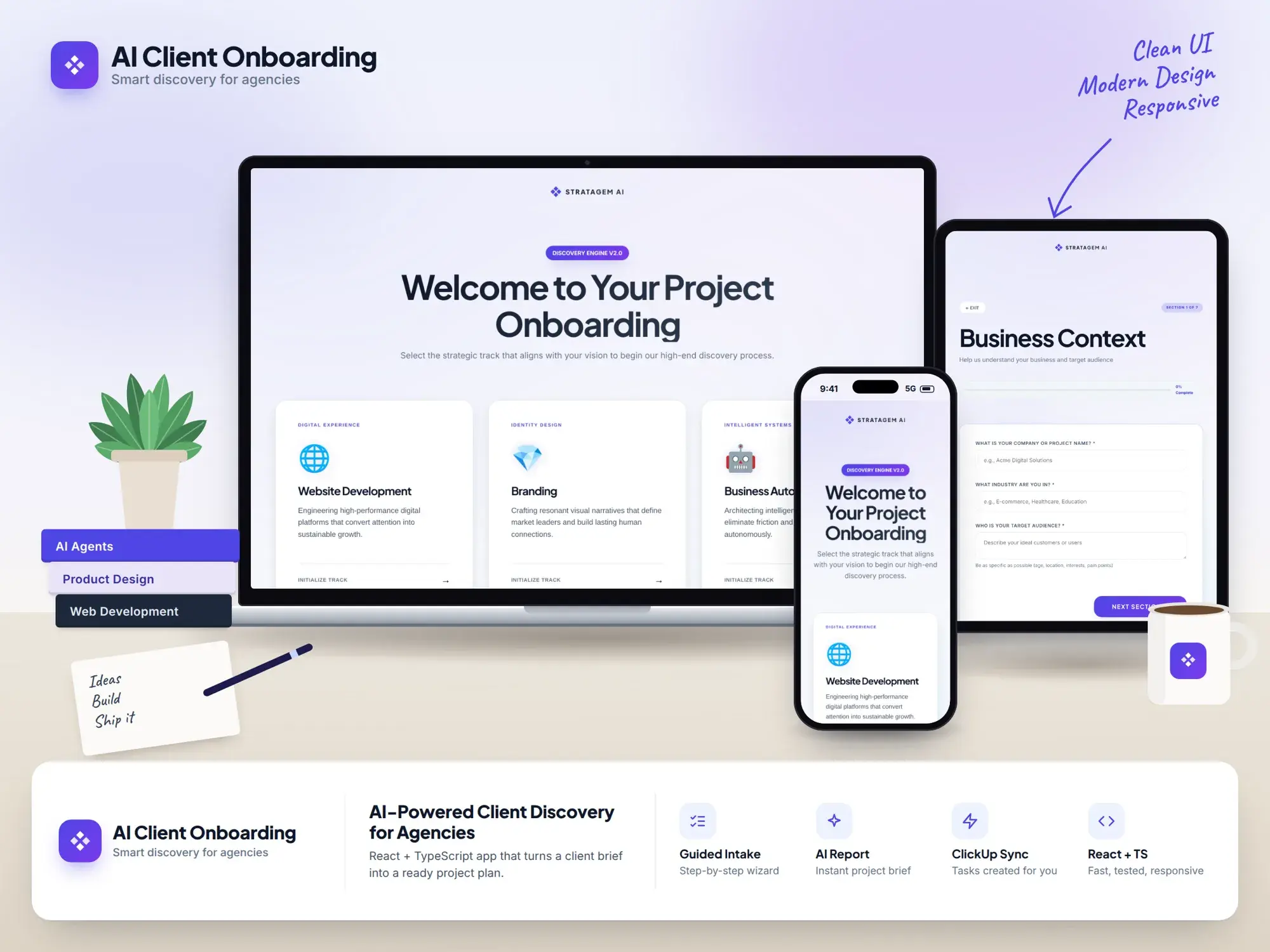 AI Client Onboarding shown on desktop, tablet and mobile